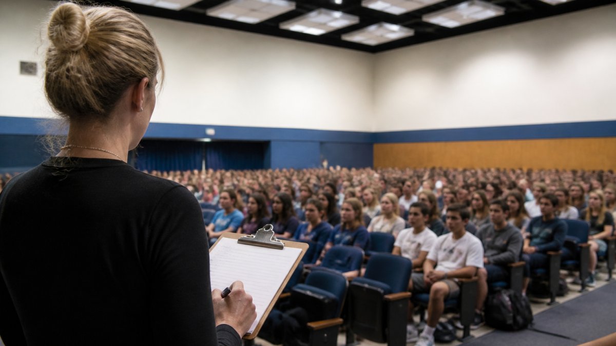An event planner standing at the back of a school auditorium, observing a seated student audience while holding a clipboard and notes
