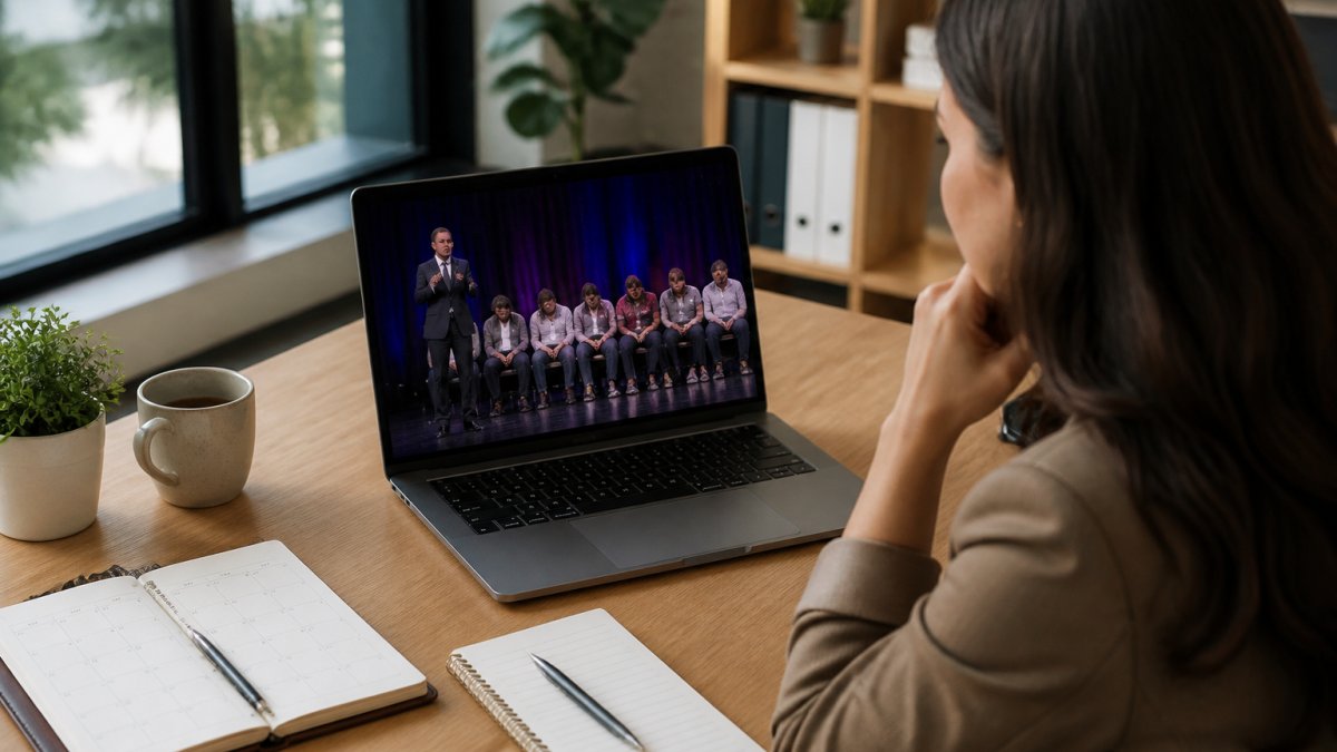 Event planner at a desk reviewing a performer's video portfolio on a laptop, with a booking calendar and notepad nearby in a bright office